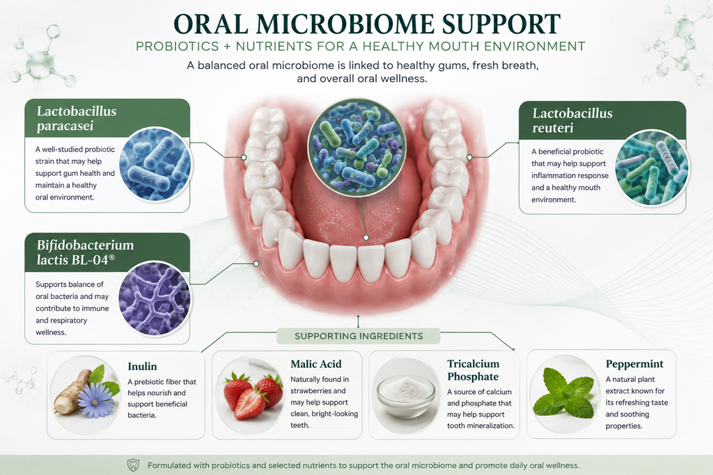 ProDentim oral microbiome and probiotic ingredients infographic