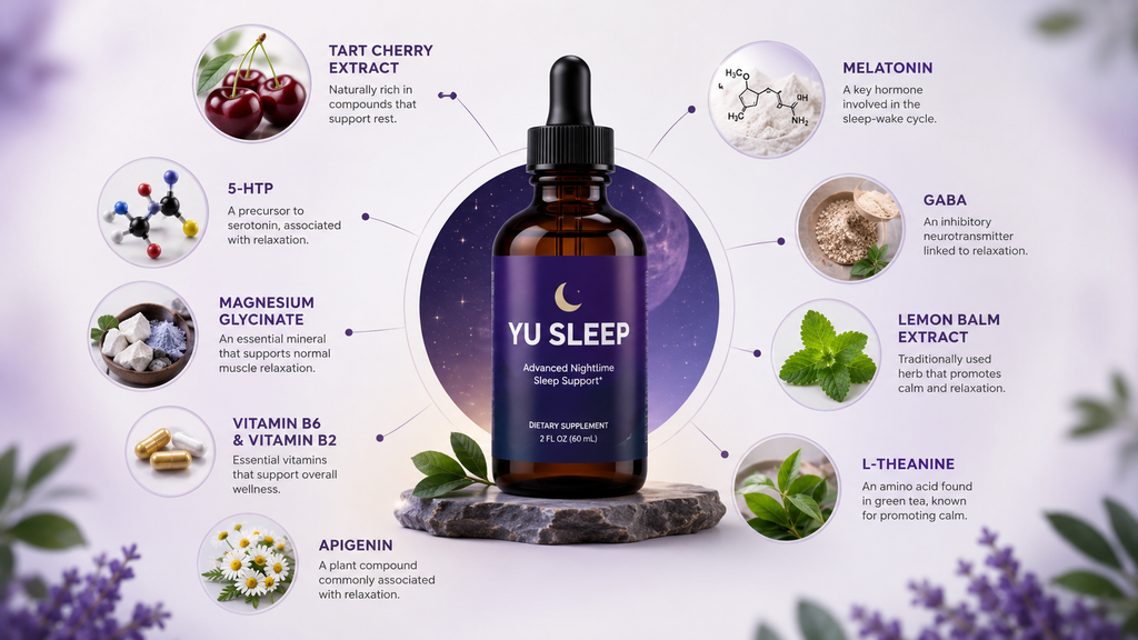 Yu Sleep ingredients including tart cherry magnesium lemon balm and melatonin